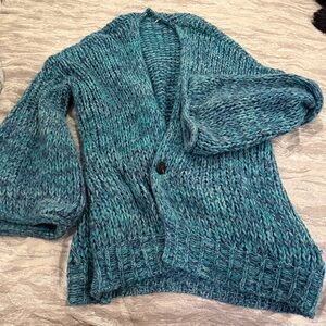 Free People Chunky Teal Bouclé Knit Cardigan Sweater (medium)